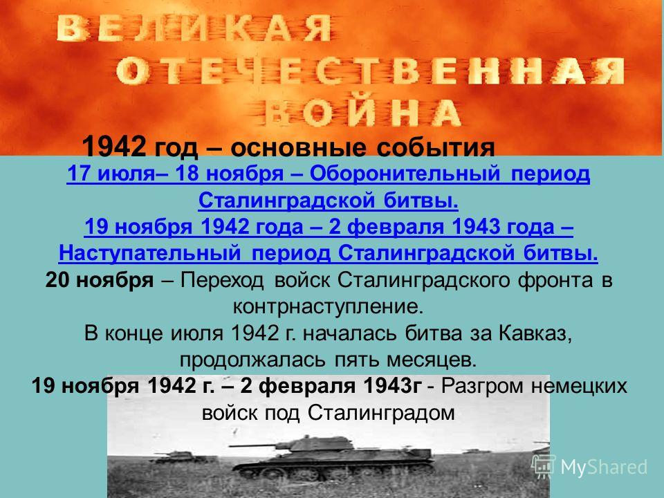 1942 год – основные события 17 июля– 18 ноября – Оборонительный период Сталинградской битвы. 19 ноября 1942 года – 2 февраля 1943 года – Наступательный период Сталинградской битвы. 20 ноября – Переход войск Сталинградского фронта в контрнаступление. 