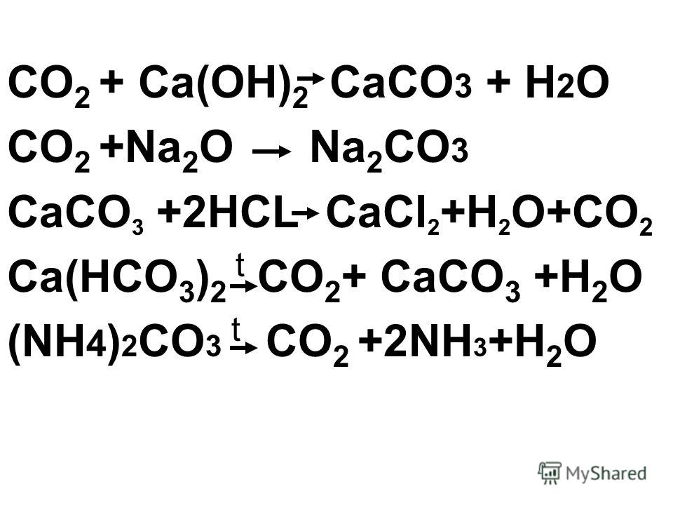 CO 2 + Ca(OH) 2 СaCO 3 + H 2 O CO 2 +Na 2 O Na 2 CO 3 СaCO 3 +2HCL CaCl 2.....