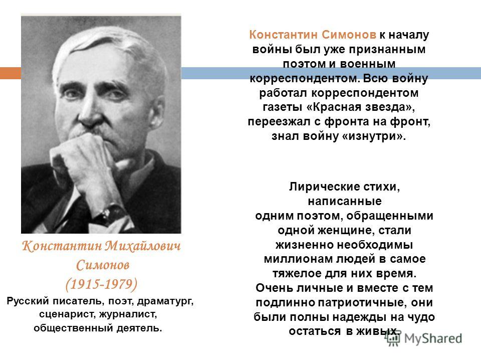 Константин симонов биография личная жизнь дети национальность Презентация на тему: "22 июня в 4 часа утра - начало войны. Мы верили, что письм