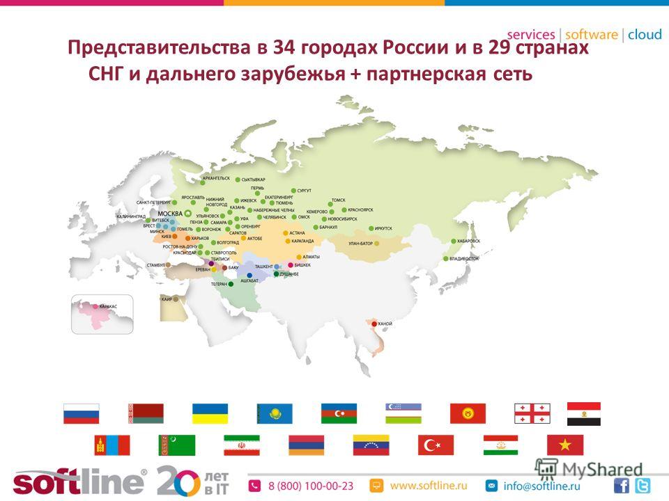 Представительства в 34 городах России и в 29 странах СНГ и дальнего зарубежья + партнерская сеть