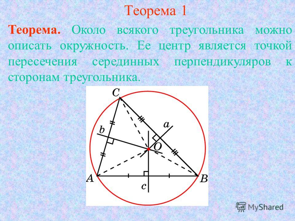Теорема 1 Теорема. Около всякого треугольника можно описать окружность. Ее центр является точкой пересечения серединных перпендикуляров к сторонам треугольника.