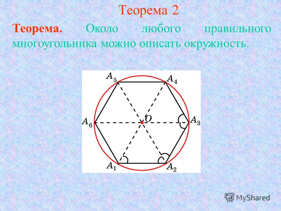Теорема 2 Теорема. Около любого правильного многоугольника можно описать окружность.