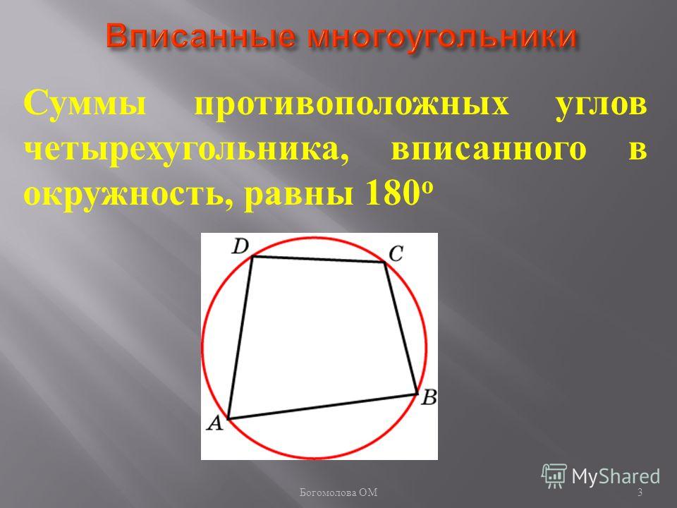 Суммы противоположных углов четырехугольника, вписанного в окружность, равны 180 о 3 Богомолова ОМ