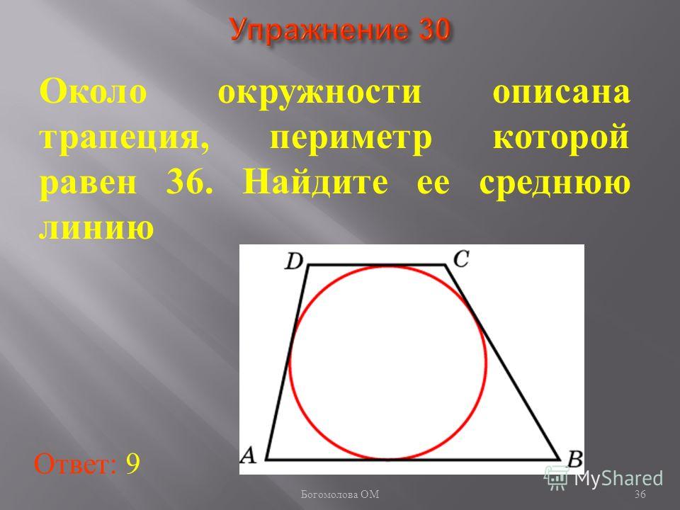 Около окружности описана трапеция, периметр которой равен 36. Найдите ее среднюю линию Ответ: 9 36 Богомолова ОМ