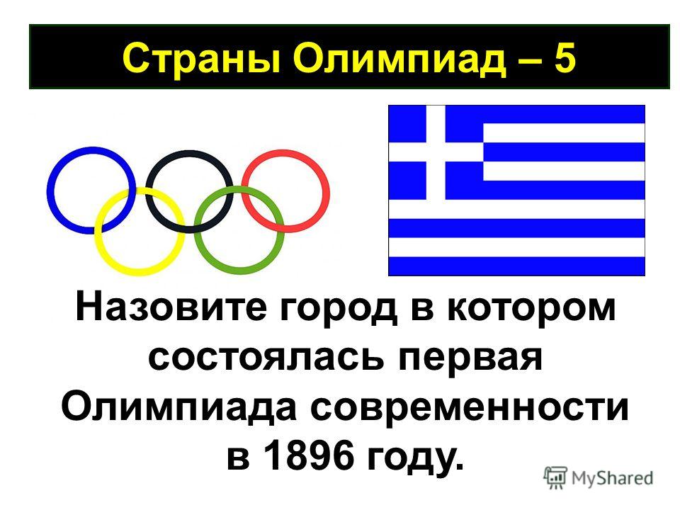 Страны Олимпиад – 5 Назовите город в котором состоялась первая Олимпиада современности в 1896 году.