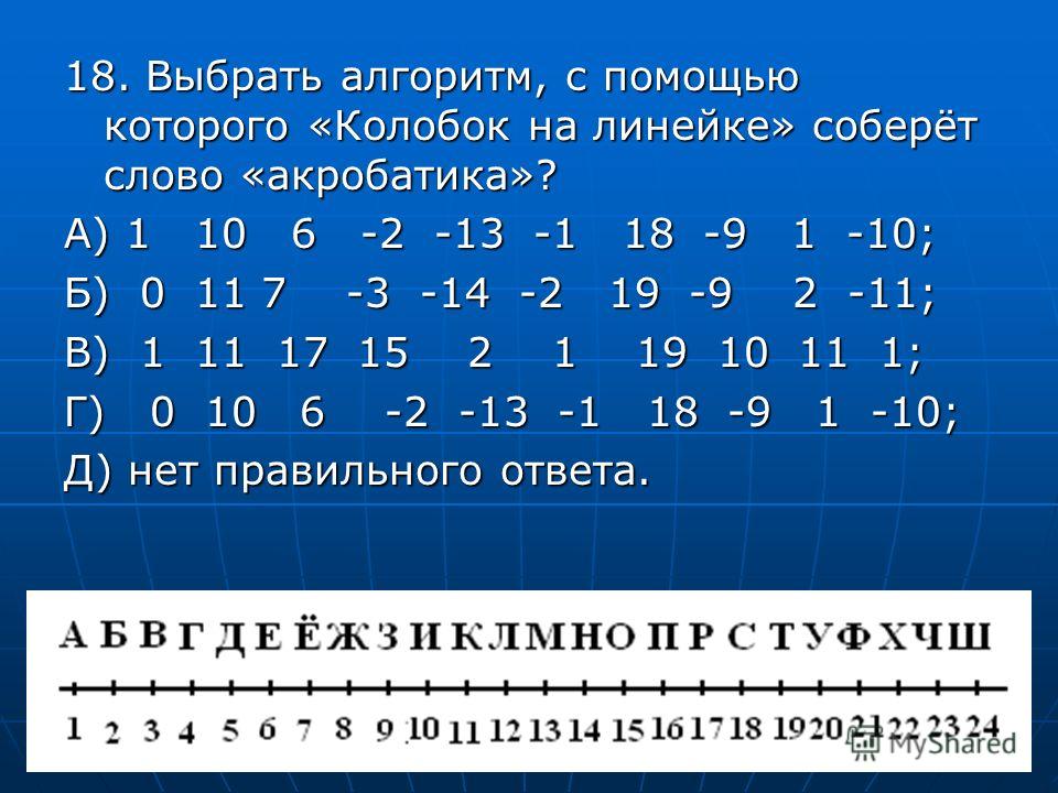 18. Выбрать алгоритм, с помощью которого «Колобок на линейке» соберёт слово «акробатика»? А) 1 10 6 -2 -13 -1 18 -9 1 -10; Б) 0 11 7 -3 -14 -2 19 -9 2 -11; В) 1 11 17 15 2 1 19 10 11 1; Г) 0 10 6 -2 -13 -1 18 -9 1 -10; Д) нет правильного ответа.