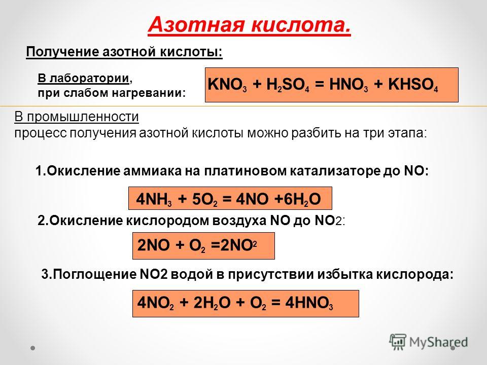 Азотная кислота. Получение азотной кислоты: KNO 3 + H 2 SO 4 = HNO 3 + KHSO 4 В лаборатории, при слабом нагревании: В промышленности процесс получения азотной кислоты можно разбить на три этапа: 1.Окисление аммиака на платиновом катализаторе до NO: 4
