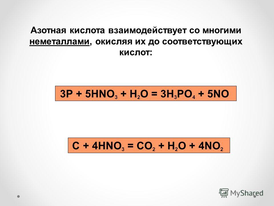 Азотная кислота взаимодействует со многими неметаллами, окисляя их до соответствующих кислот: 3P + 5HNO 3 + H 2 O = 3H 3 PO 4 + 5NO C + 4HNO 3 = CO 2 + H 2 O + 4NO 2
