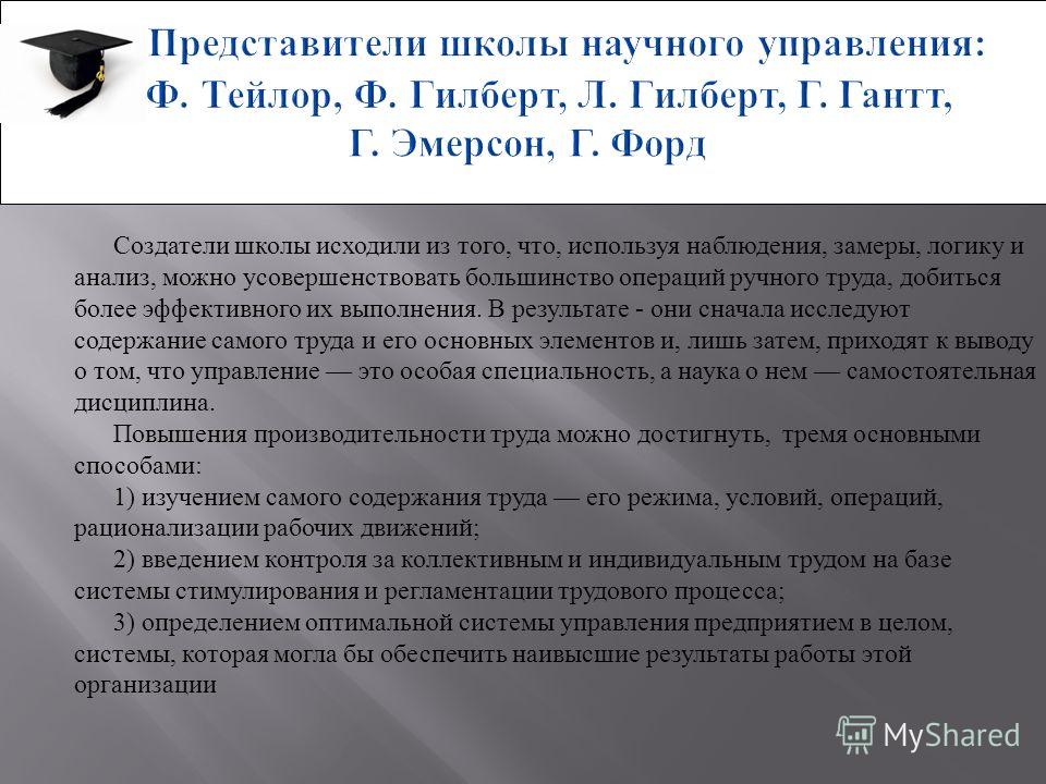 Основные школы научного менеджмента Основные школы научного менеджмента
