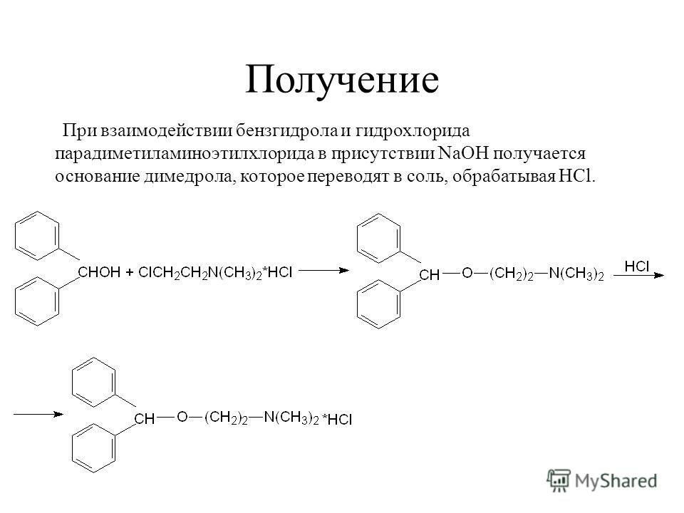 Получение При взаимодействии бензгидрола и гидрохлорида парадиметиламиноэтилхлорида в присутствии NaOH получается основание димедрола, которое переводят в соль, обрабатывая HCl.