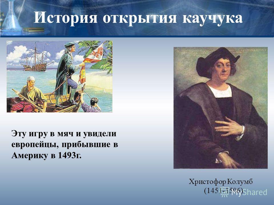 История открытия каучука Христофор Колумб (1451-1506) Эту игру в мяч и увидели европейцы, прибывшие в Америку в 1493г.