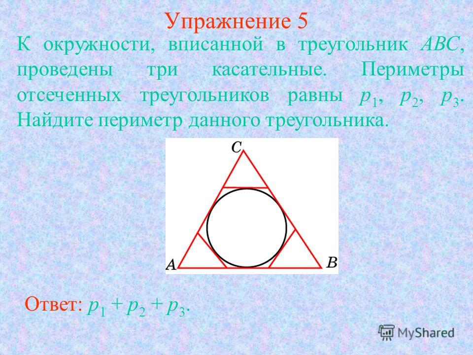 Упражнение 5 К окружности, вписанной в треугольник АВС, проведены три касательные. Периметры отсеченных треугольников равны p 1, p 2, p 3. Найдите периметр данного треугольника. Ответ: p 1 + p 2 + p 3.