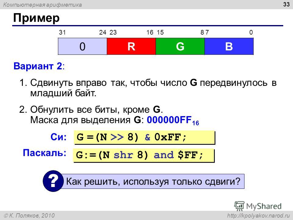 Компьютерная арифметика К. Поляков, 2010 http://kpolyakov.narod.ru Пример 33 Вариант 2: 1.Сдвинуть вправо так, чтобы число G передвинулось в младший байт. 2.Обнулить все биты, кроме G. Маска для выделения G: 000000FF 16 0RGB 31 24 23 1615 87 0 Си: G 