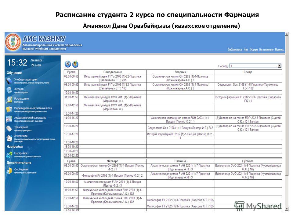 Расписание студента 2 курса по специпальности Фармация Аманжол Дана Оразбайқызы (казахское отделение)