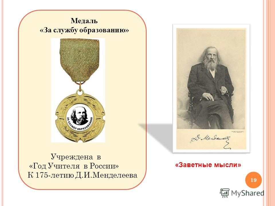 Учреждена в «Год Учителя в России» К 175-летию Д.И.Менделеева 19 «Заветные мысли» Медаль «За службу образованию»