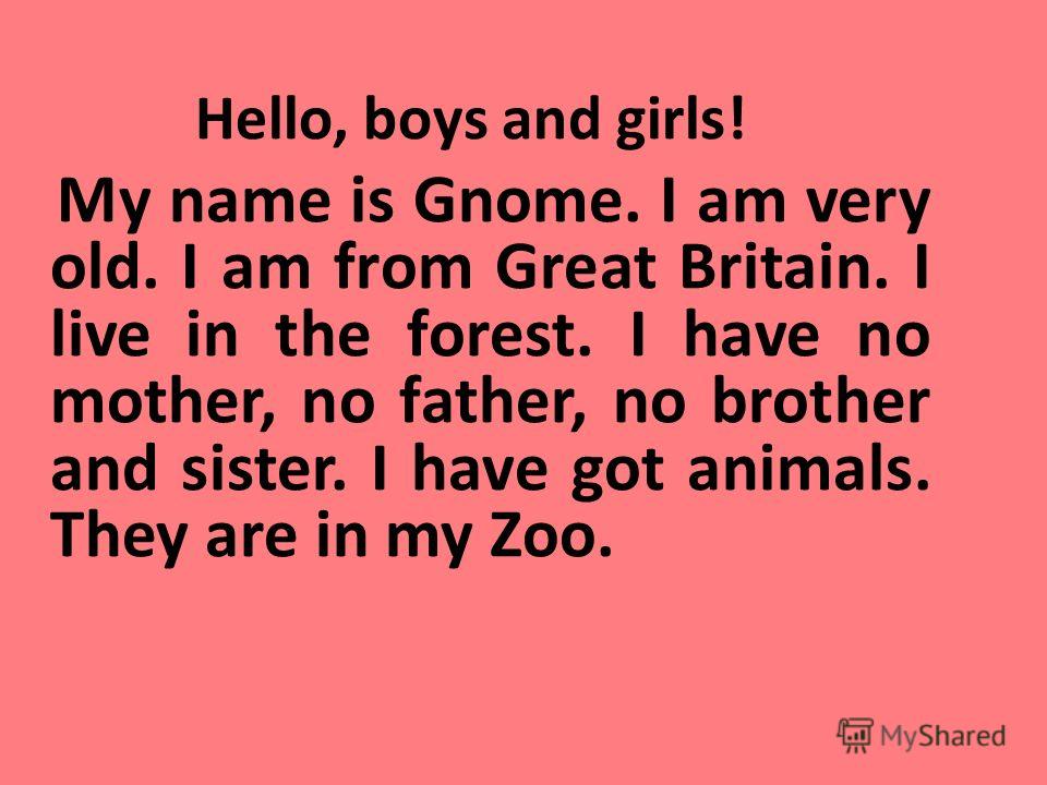 Hello, boys and girls! My name is Gnome. I am very old. I am from Great Britain. I live in the forest. I have no mother, no father, no brother and sister. I have got animals. They are in my Zoo.