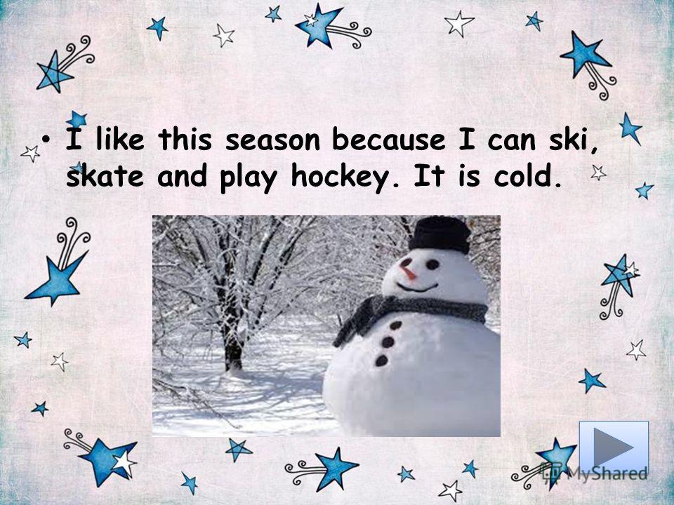 I like this season because I can ski, skate and play hockey. It is cold.