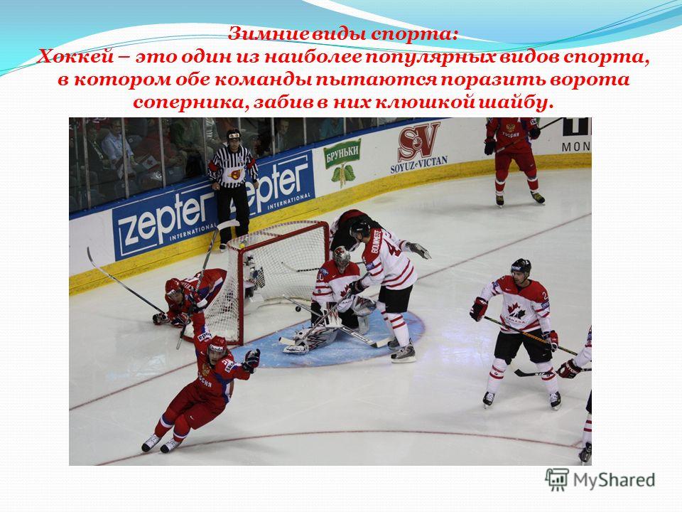 Зимние виды спорта: Хоккей – это один из наиболее популярных видов спорта, в котором обе команды пытаются поразить ворота соперника, забив в них клюшкой шайбу.