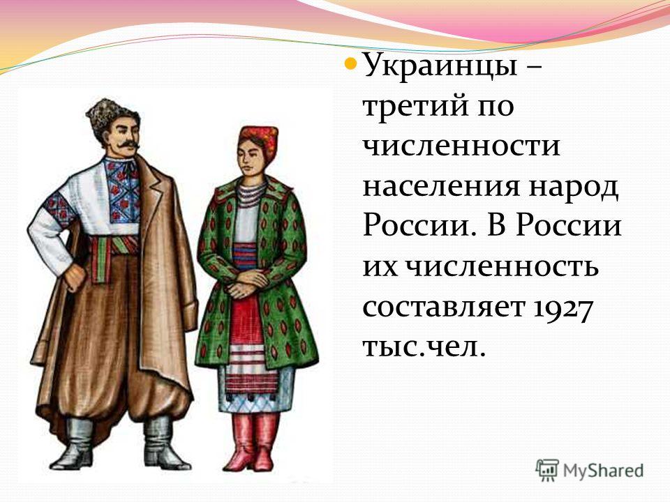 Украинцы – третий по численности населения народ России. В России их численность составляет 1927 тыс.чел.