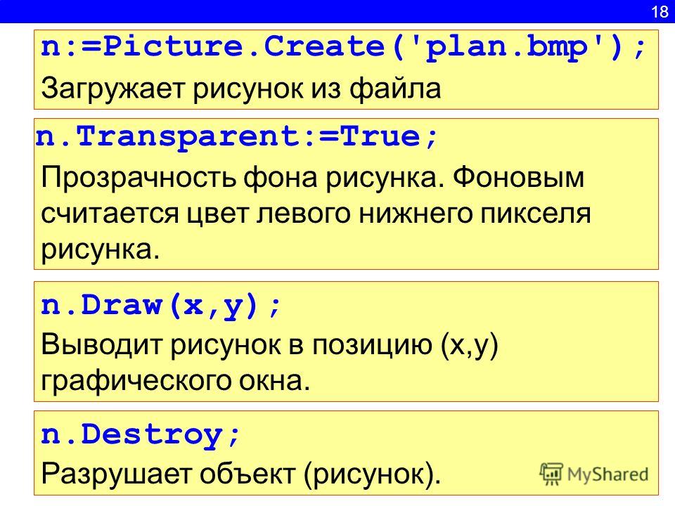 18 Загружает рисунок из файла n:=Picture.Create('plan.bmp'); Прозрачность фона рисунка. Фоновым считается цвет левого нижнего пикселя рисунка. n.Transparent:=True; n.Draw(x,y); Выводит рисунок в позицию (x,y) графического окна. n.Destroy; Разрушает о