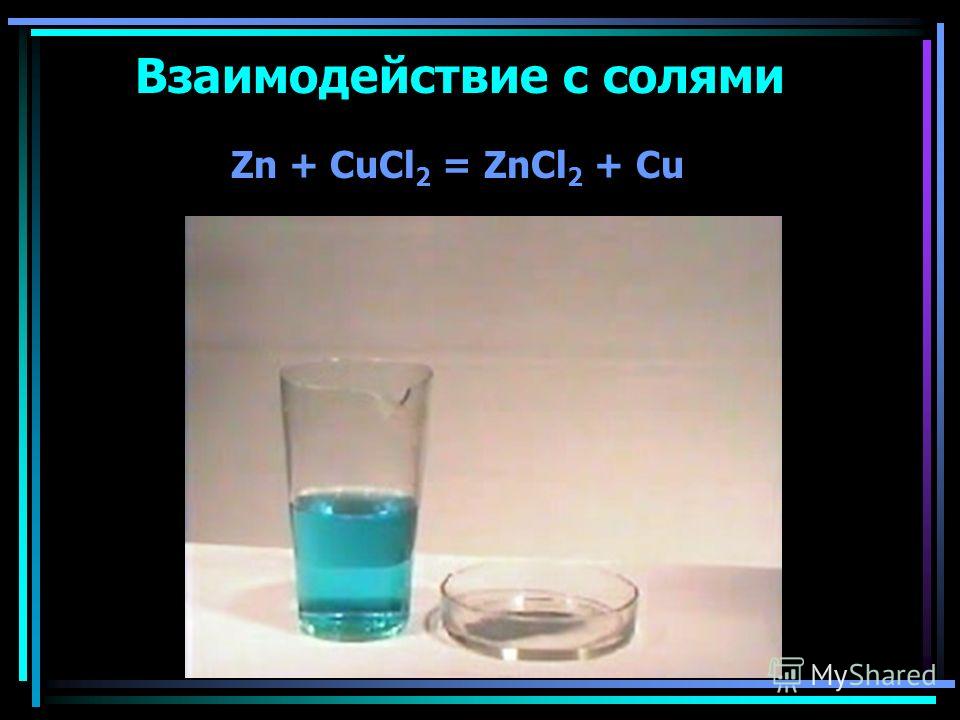 Взаимодействие с солями Zn + CuCl 2 = ZnCl 2 + Cu
