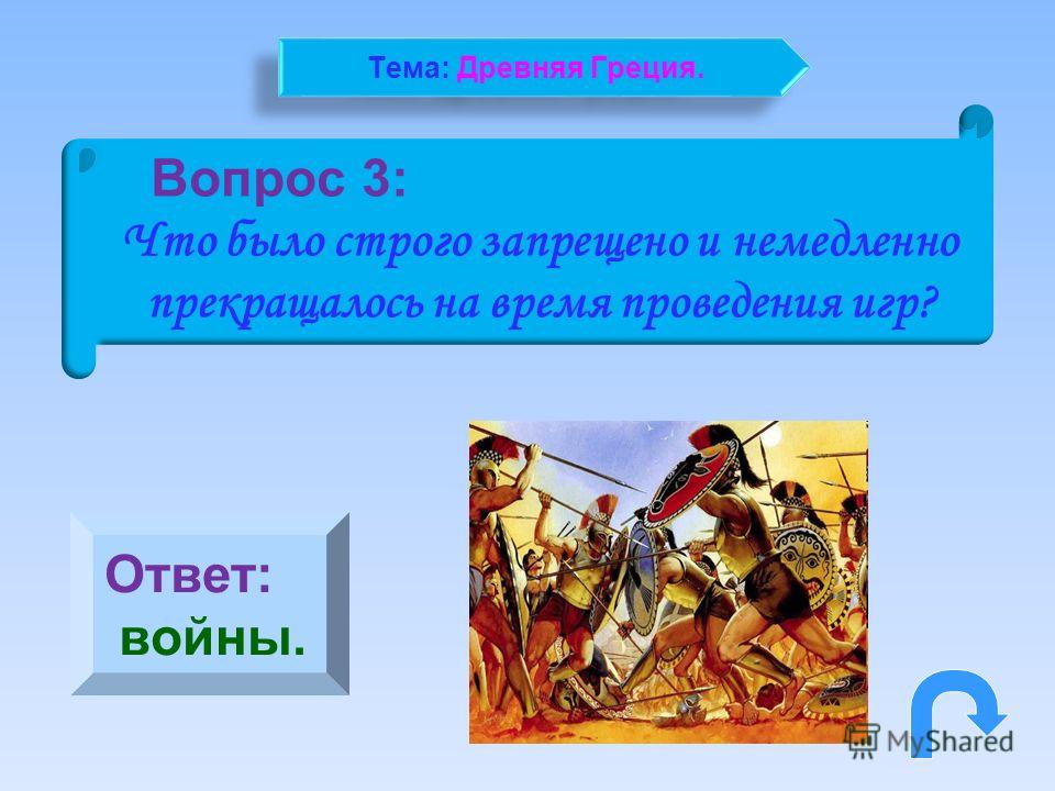 Вопрос 3: Что было строго запрещено и немедленно прекращалось на время проведения игр? Ответ: войны. Тема: Древняя Греция.