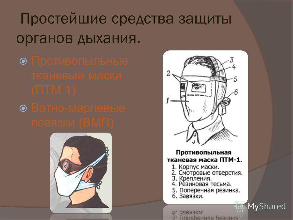 Простейшие средства защиты органов дыхания. Противопыльные тканевые маски (ПТМ 1) Ватно-марлевые повязки (ВМП)