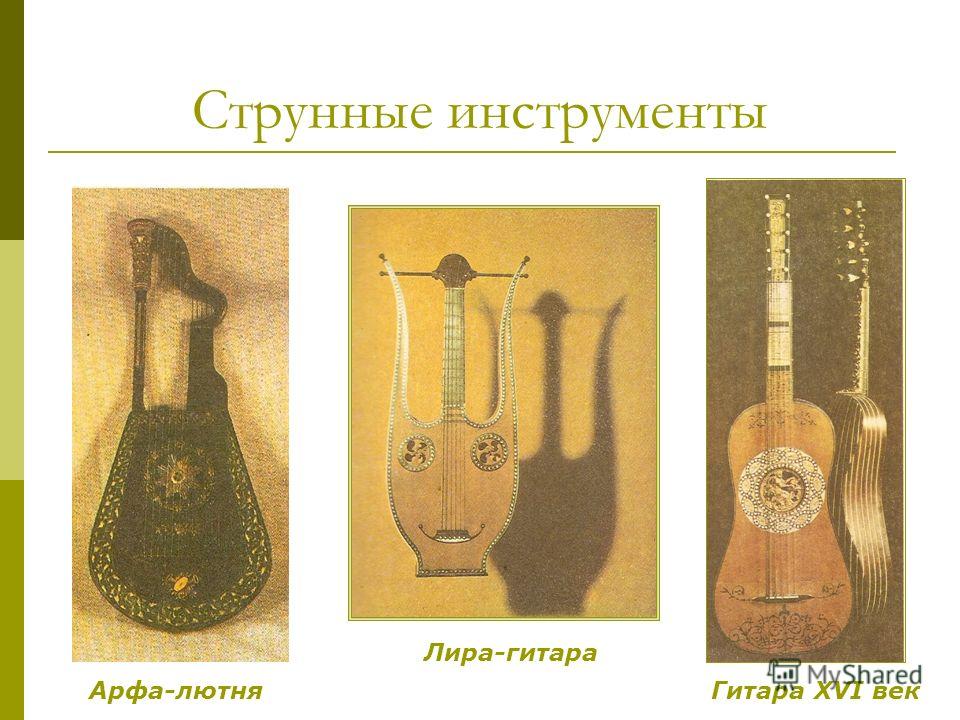 Струнные инструменты Арфа-лютня Лира-гитара Гитара XVI век
