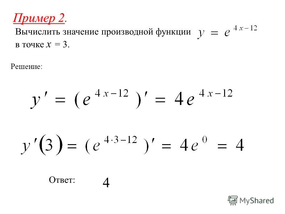 Пример 2 Пример 2. Вычислить значение производной функции в точке x = 3. Решение: Ответ: 4