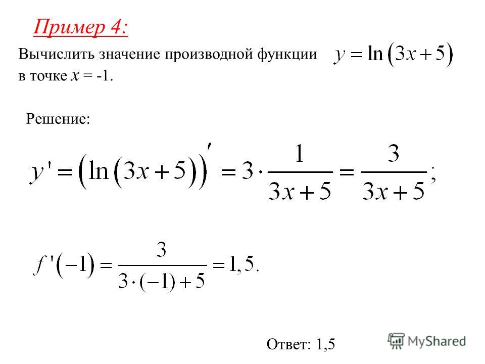 Вычислить значение производной функции в точке x = -1. Пример 4: Решение: Ответ: 1,5