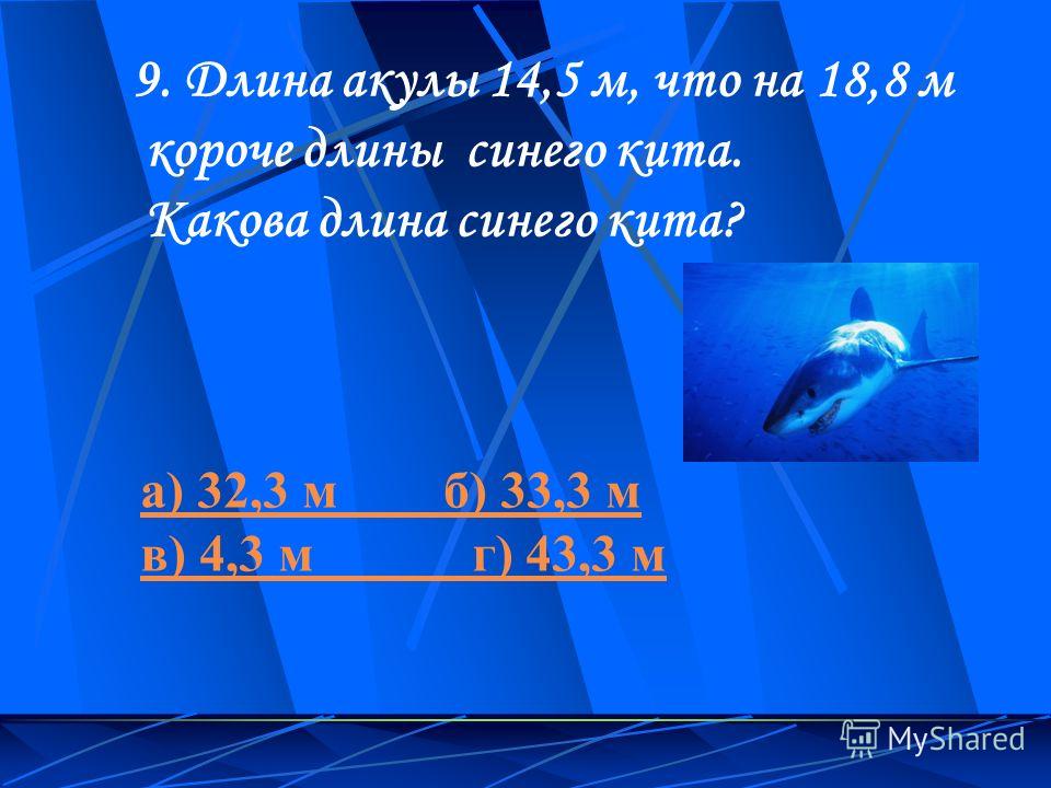 9. Длина акулы 14,5 м, что на 18,8 м короче длины синего кита. Какова длина синего кита? а) 32,3 м б) 33,3 м в) 4,3 м г) 43,3 м