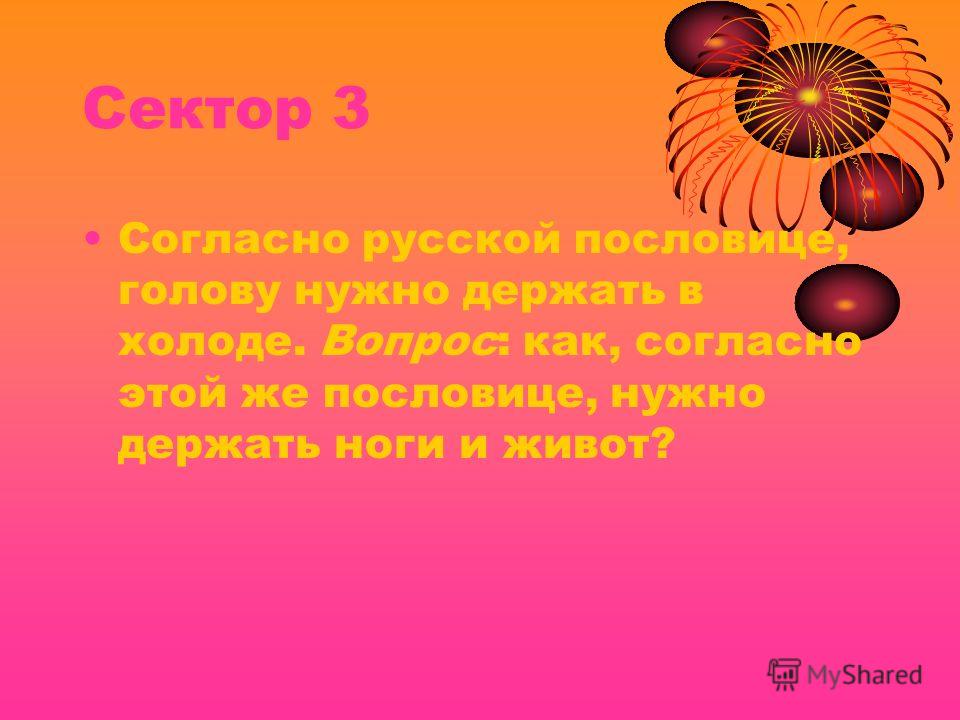 Сектор 3 Согласно русской пословице, голову нужно держать в холоде. Вопрос: как, согласно этой же пословице, нужно держать ноги и живот?