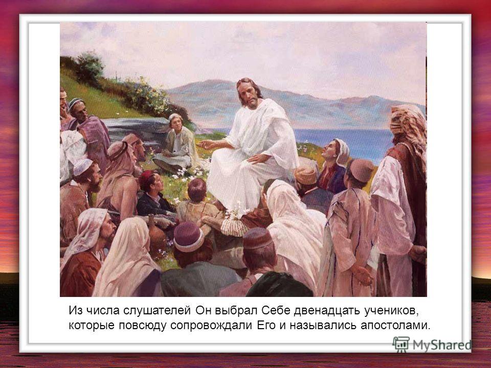 Из числа слушателей Он выбрал Себе двенадцать учеников, которые повсюду сопровождали Его и назывались апостолами.