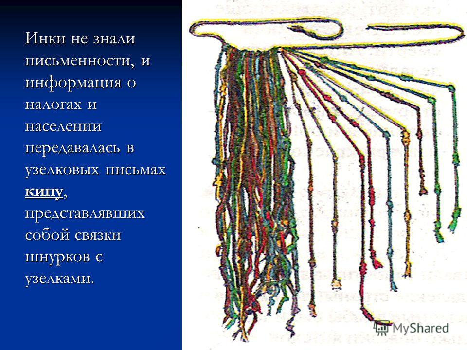 Инки не знали письменности, и информация о налогах и населении передавалась в узелковых письмах кипу, представлявших собой связки шнурков с узелками.