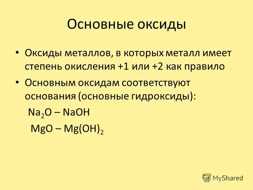 Основные оксиды Оксиды металлов, в которых металл имеет степень окисления +1 или +2 как правило Основным оксидам соответствуют основания (основные гидроксиды): Na 2 O – NaOH MgO – Mg(OH) 2