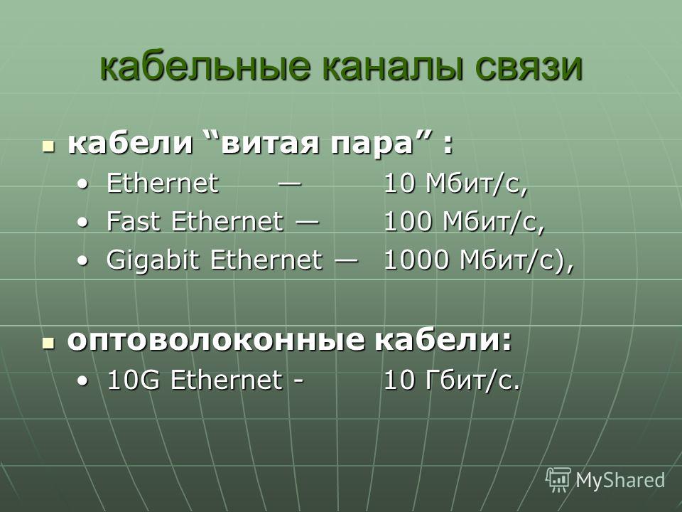 кабельные каналы связи кабели витая пара : кабели витая пара : Ethernet 10 Мбит/с, Ethernet 10 Мбит/с, Fast Ethernet 100 Мбит/с, Fast Ethernet 100 Мбит/с, Gigabit Ethernet 1000 Мбит/с), Gigabit Ethernet 1000 Мбит/с), оптоволоконные кабели: оптоволоко