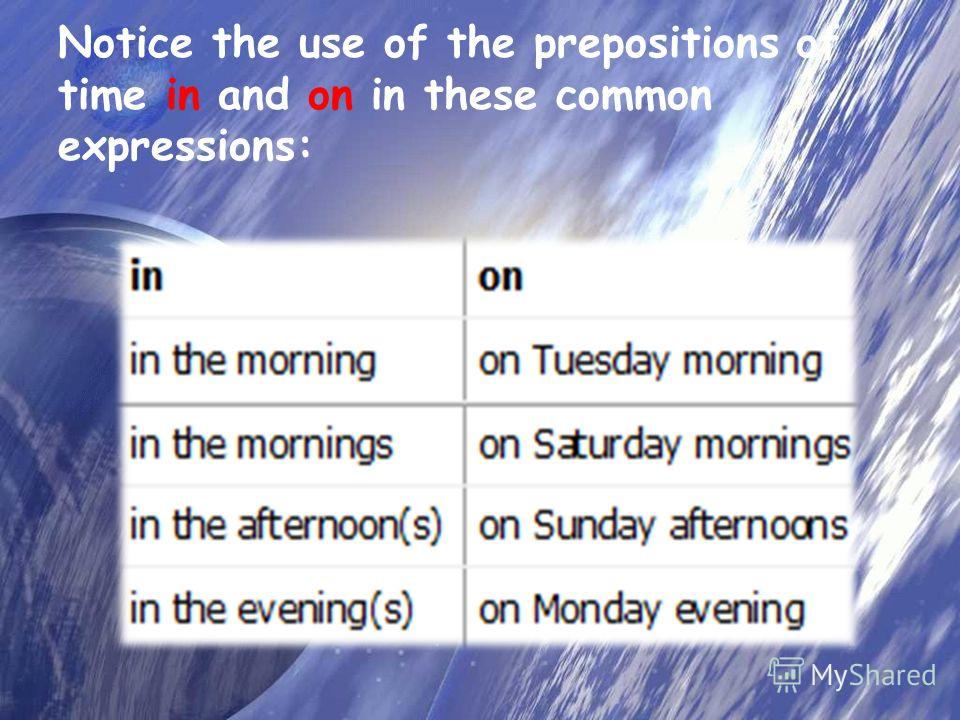 Notice the use of the prepositions of time in and on in these common expressions: