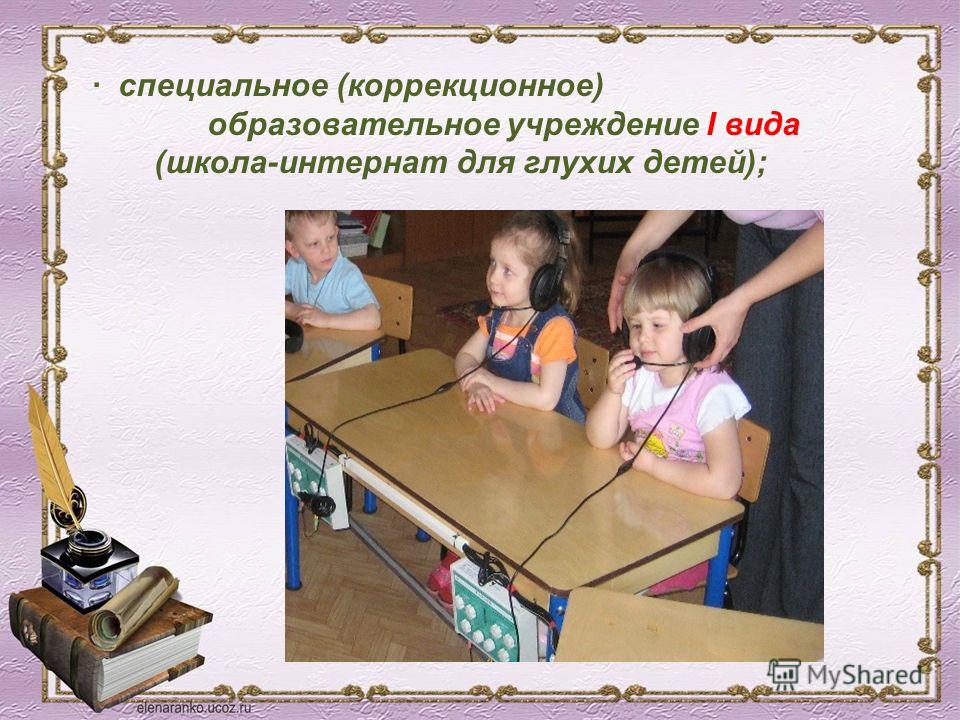 · специальное (коррекционное) образовательное учреждение I вида (школа-интернат для глухих детей);