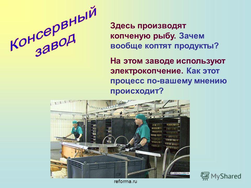 Мой университет- www.edu- reforma.ru Здесь производят копченую рыбу. Зачем вообще коптят продукты? На этом заводе используют электрокопчение. Как этот процесс по-вашему мнению происходит?