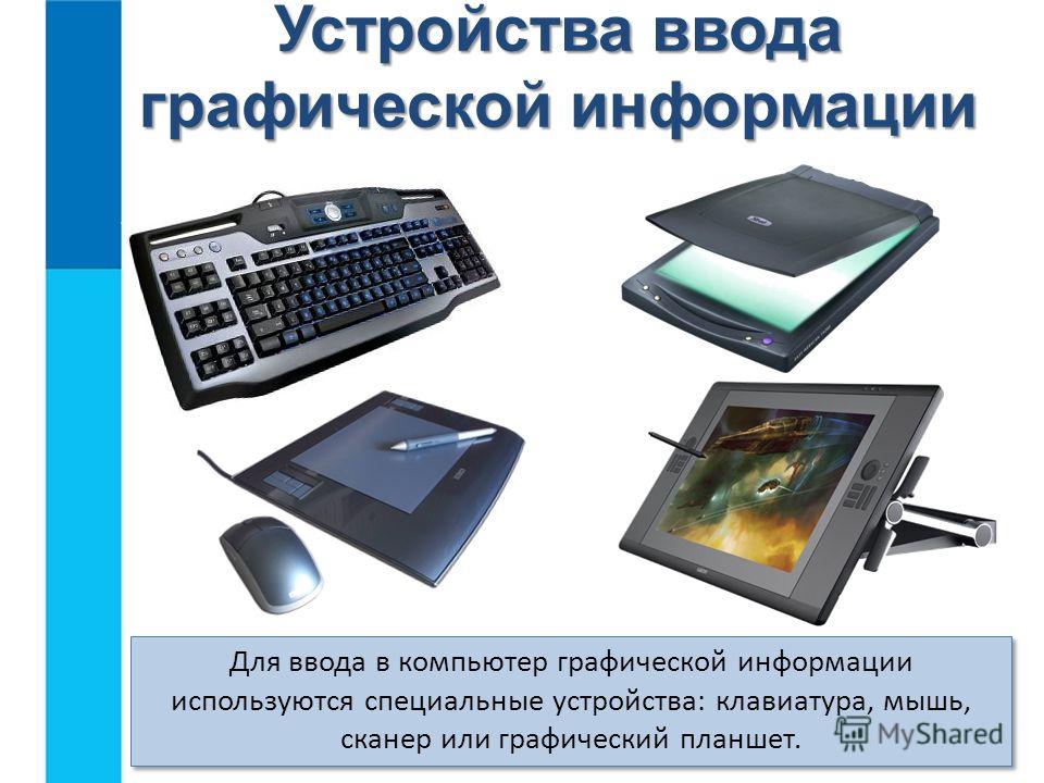 Устройства ввода графической информации Для ввода в компьютер графической информации используются специальные устройства: клавиатура, мышь, сканер или графический планшет.