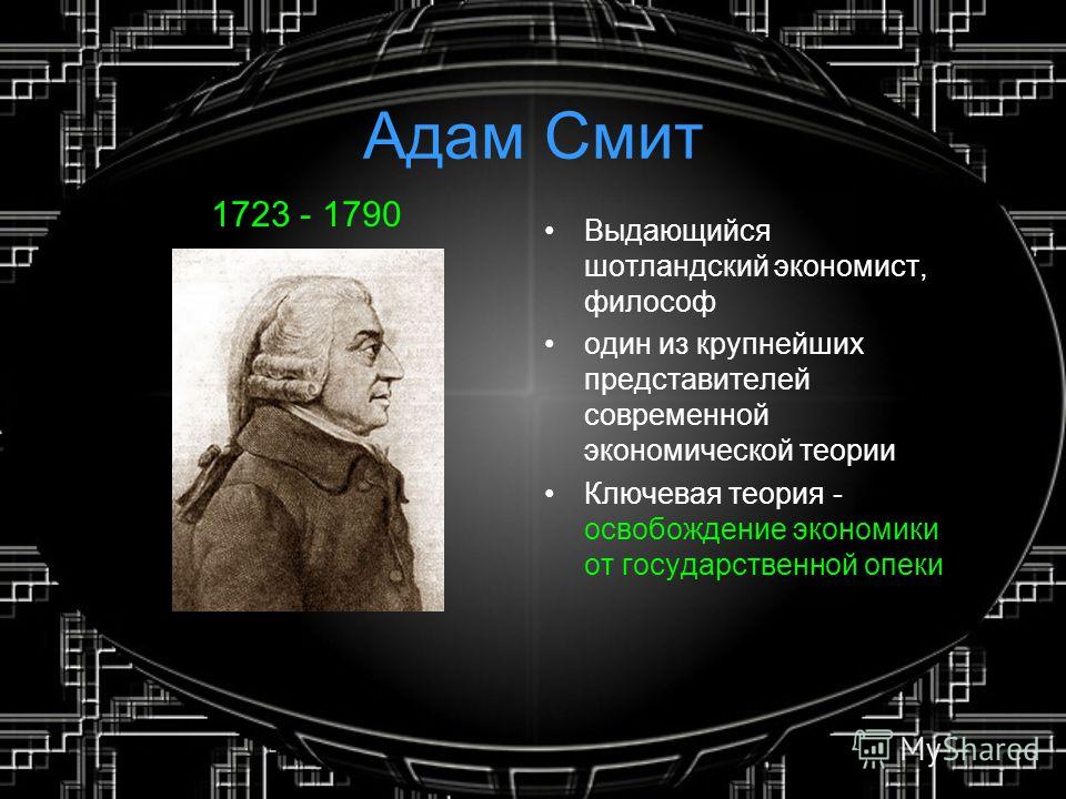 Адам Смит 1723 - 1790 Выдающийся шотландский экономист, философ один из крупнейших представителей современной экономической теории Ключевая теория - освобождение экономики от государственной опеки