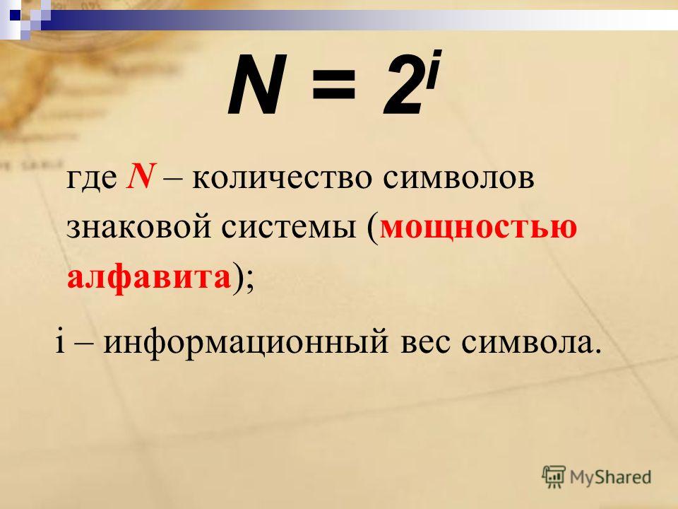 N = 2 i где N – количество символов знаковой системы (мощностью алфавита); i – информационный вес символа.