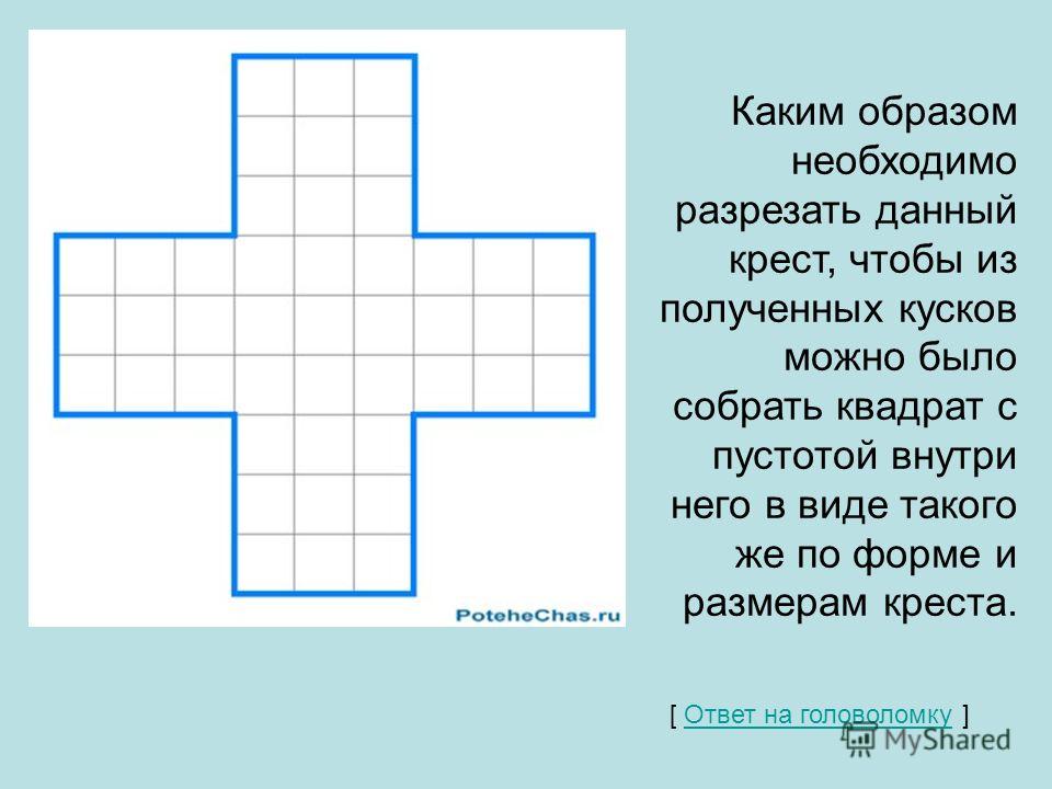 Каким образом необходимо разрезать данный крест, чтобы из полученных кусков можно было собрать квадрат с пустотой внутри него в виде такого же по форме и размерам креста. [ Ответ на головоломку ] Ответ на головоломку