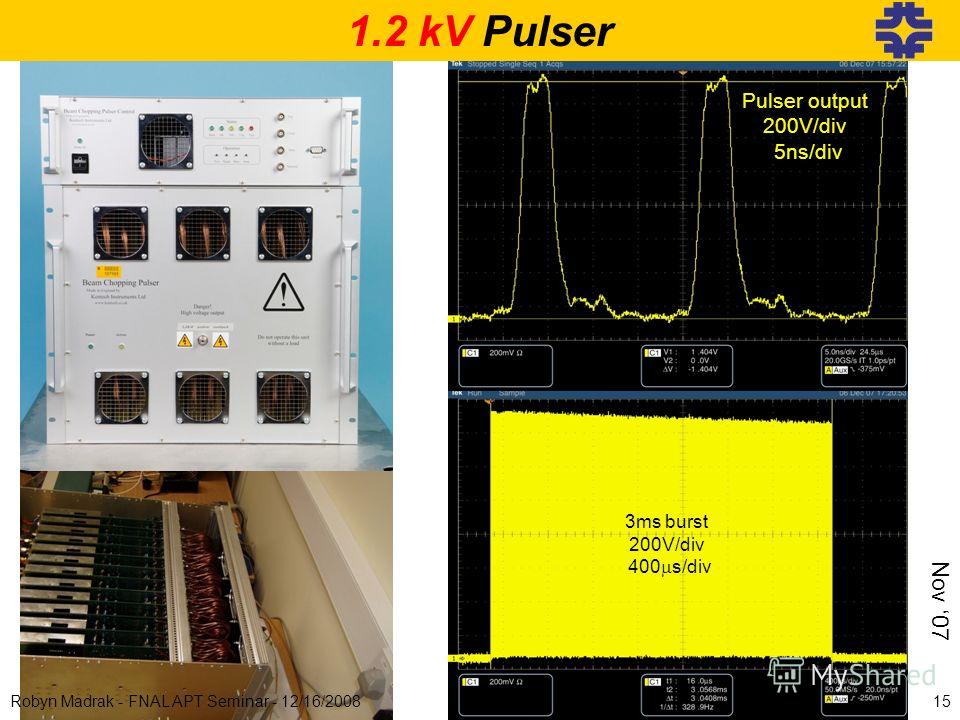 Pulser output 200V/div 5ns/div 3ms burst 200V/div 400 s/div 1.2 kV Pulser Nov 07 15Robyn Madrak - FNAL APT Seminar - 12/16/2008