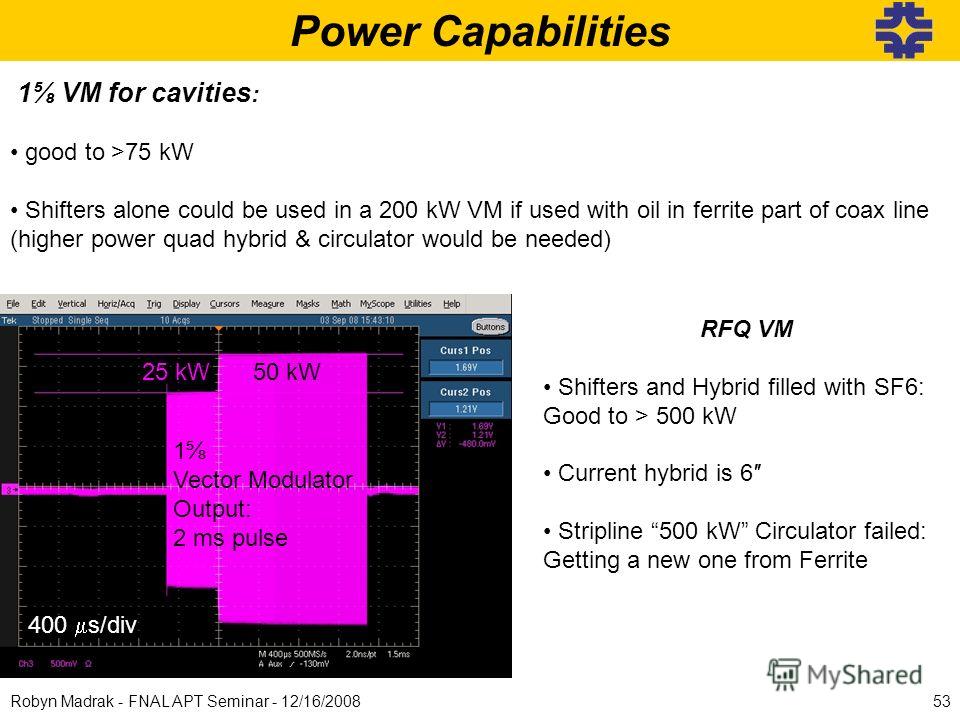 400 s/div 1 Vector Modulator Output: 2 ms pulse 25 kW50 kW Power Capabilities 1 VM for cavities : good to >75 kW Shifters alone could be used in a 200 kW VM if used with oil in ferrite part of coax line (higher power quad hybrid & circulator would be
