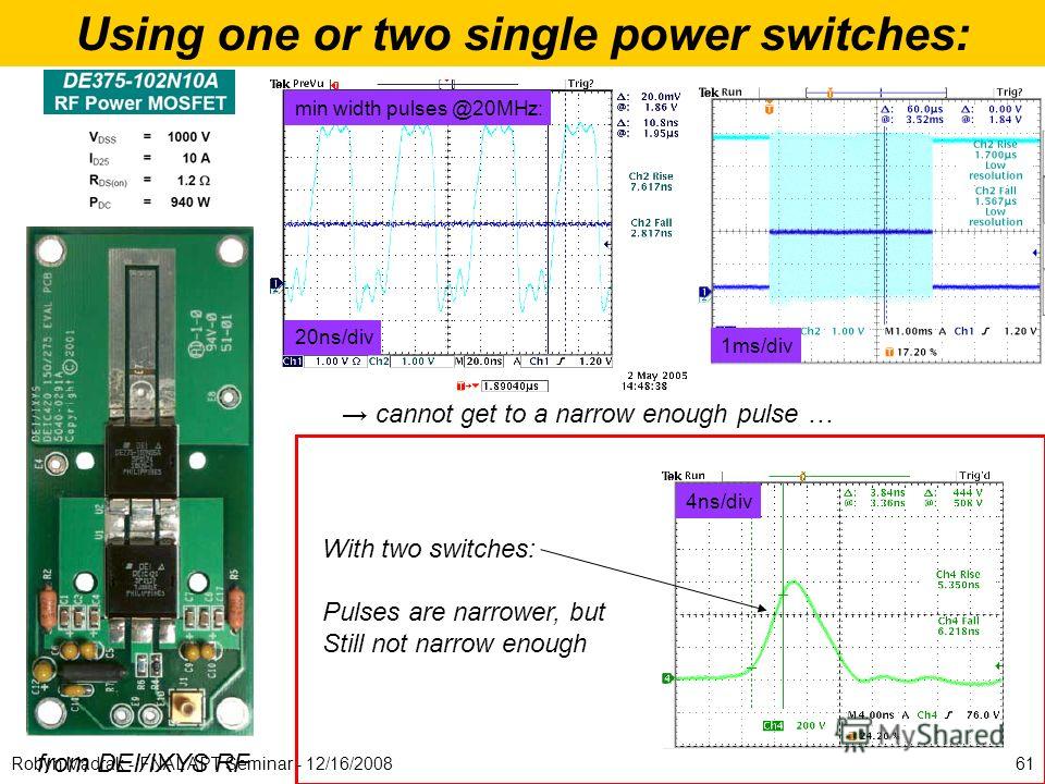 Using one or two single power switches: from DEI/IXYS RF min width pulses @20MHz: 20ns/div 1ms/div cannot get to a narrow enough pulse … With two switches: Pulses are narrower, but Still not narrow enough 4ns/div 61Robyn Madrak - FNAL APT Seminar - 1