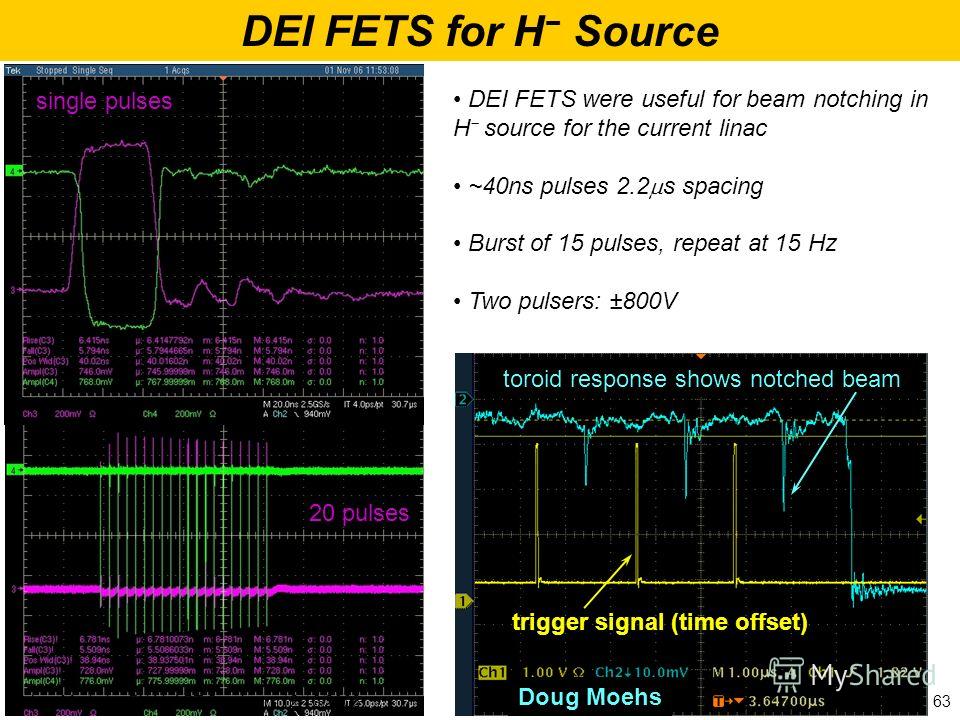 Doug Moehs 20 pulses single pulses DEI FETS were useful for beam notching in H source for the current linac ~40ns pulses 2.2 s spacing Burst of 15 pulses, repeat at 15 Hz Two pulsers: ±800V toroid response shows notched beam trigger signal (time offs