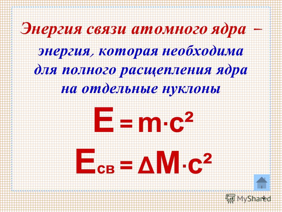 4 Энергия связи атомного ядра – энергия, которая необходима для полного расщепления ядра на отдельные нуклоны Е = m · c² Е св = Δ M · c²