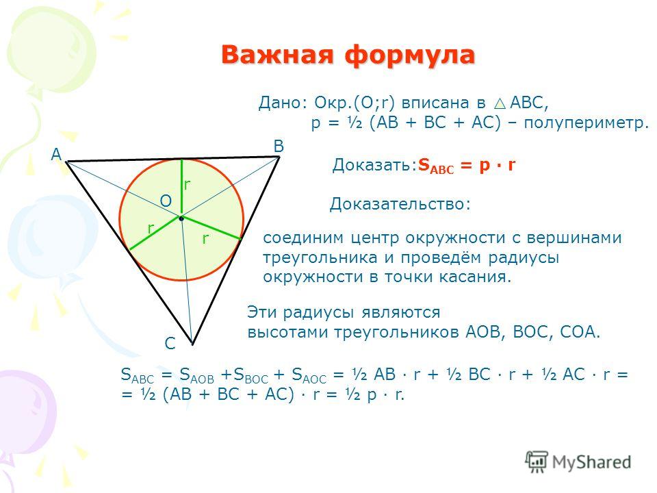 Важная формула Доказать:S ABC = p · r Дано: Окр.(О;r) вписана в АВС, р = ½ (АВ + ВС + АС) – полупериметр. О В А С r r r Доказательство: Эти радиусы являются высотами треугольников АОВ, ВОС, СОА. соединим центр окружности с вершинами треугольника и пр