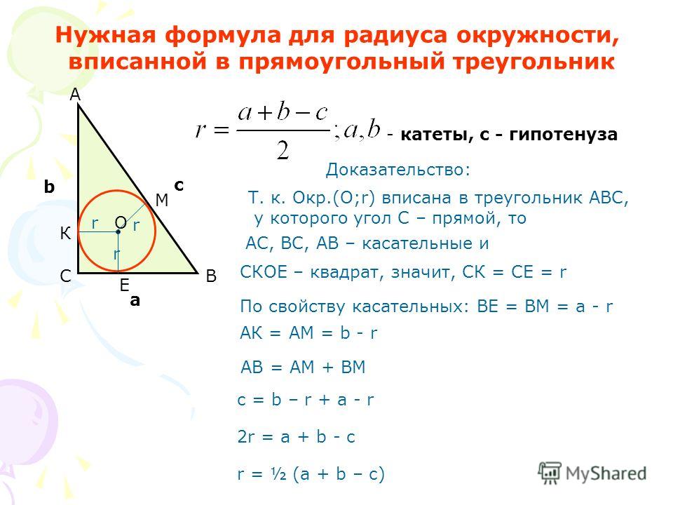 Нужная формула для радиуса окружности, вписанной в прямоугольный треугольник - катеты, с - гипотенуза Доказательство: СКОЕ – квадрат, значит, СК = СЕ = r По свойству касательных: ВЕ = ВМ = а - r АК = АМ = b - r М К Е С А В О r r r a b c AB = AM + BM 